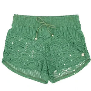 Green Perforated Beach Cover Up Shorts Medium Summer Mesh Sheer Drawstring Short